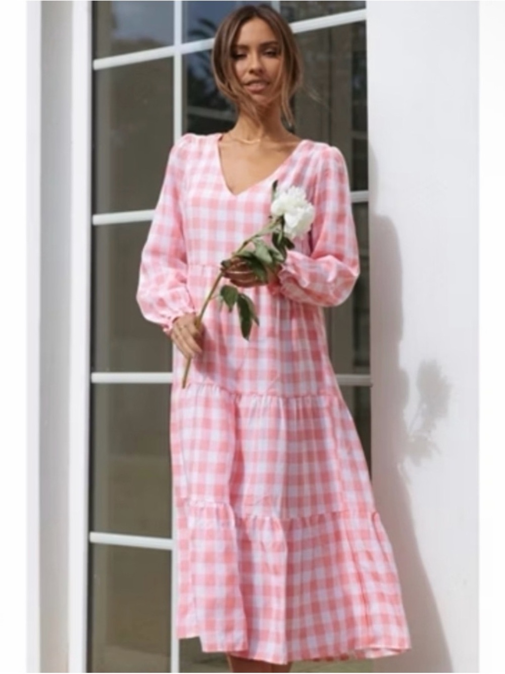 Petal & Pup Pink Gingham V-Neck Tiered Maxi Dress